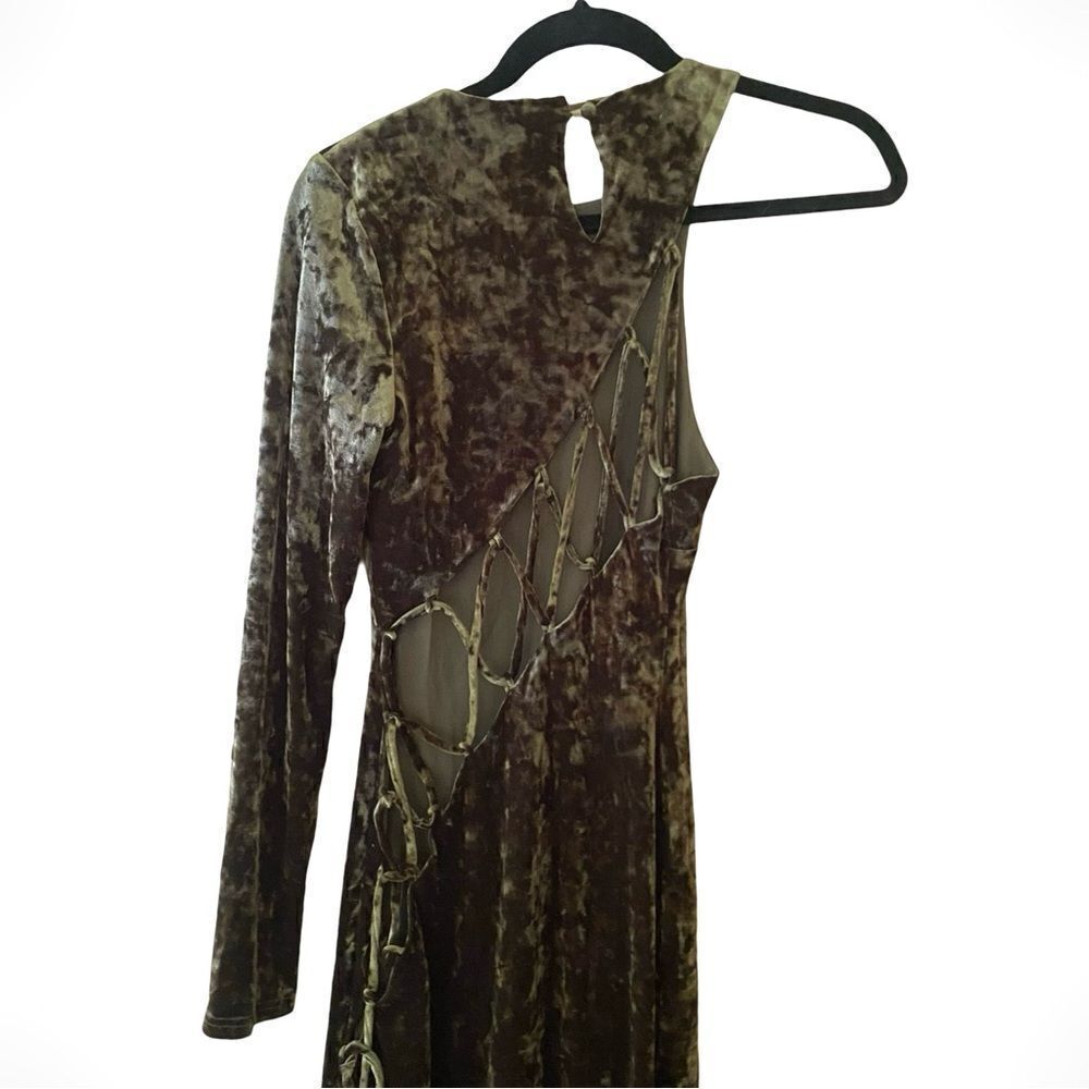 Camila Coelho Revolve Gabriel Maxi Olive Green crushed velvet lace up dress S - Picture 14 of 16